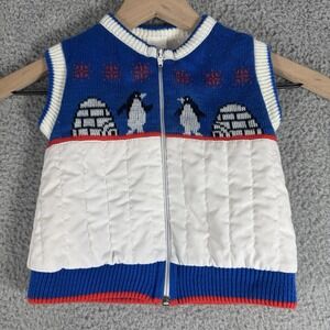 Vintage 18 Month Childs Blue & White Christmas Vest Penguin Igloo Outfit Church